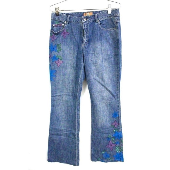 Dana Buchman Womens Size 2 Blue Jeans Painted Floral Hippy - Picture 1 of 6